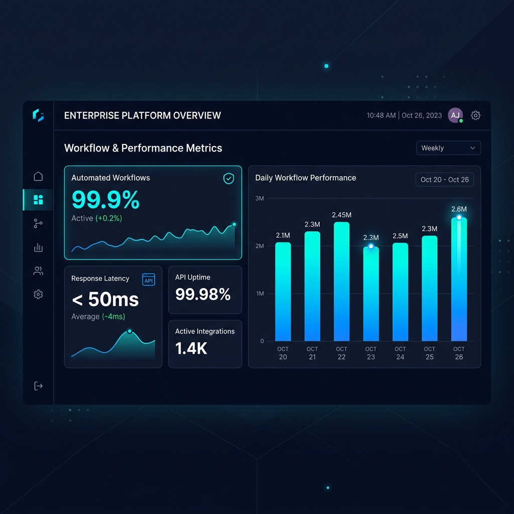 Enterprise Platform Dashboard showing 99.9% automated workflows and under 50ms response latency